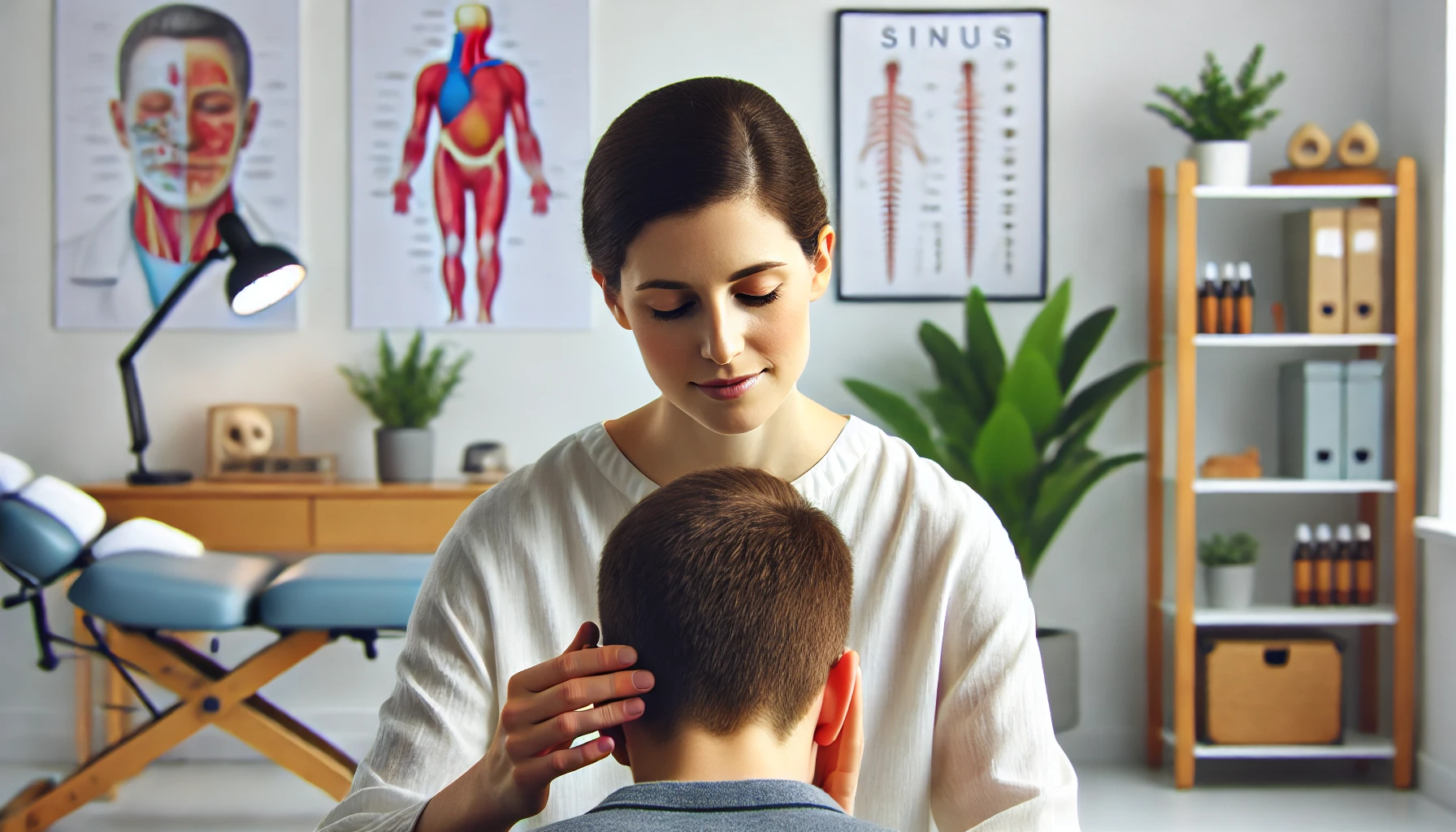 A professional female chiropractor providing care to a patient, demonstrating a sinus massage in a modern, clean clinic setting in Columbus Indiana