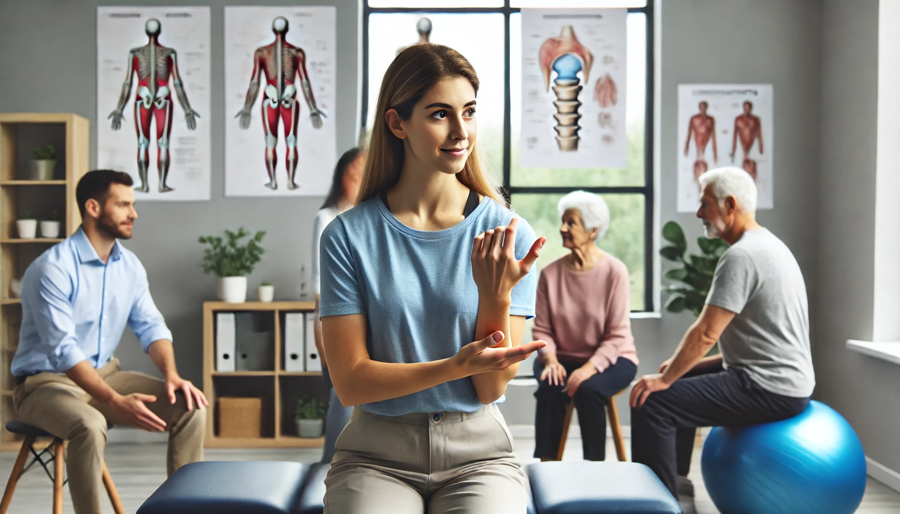 A professional female chiropractor in Columbus, Indiana, demonstrating movement exercises to a diverse group of patients with osteoarthritis in a modern, clean clinic. The chiropractor engages with the patients, showing proper techniques for joint movement and therapy, with chiropractic tools and educational posters visible in the background. The atmosphere conveys health, support, and education.