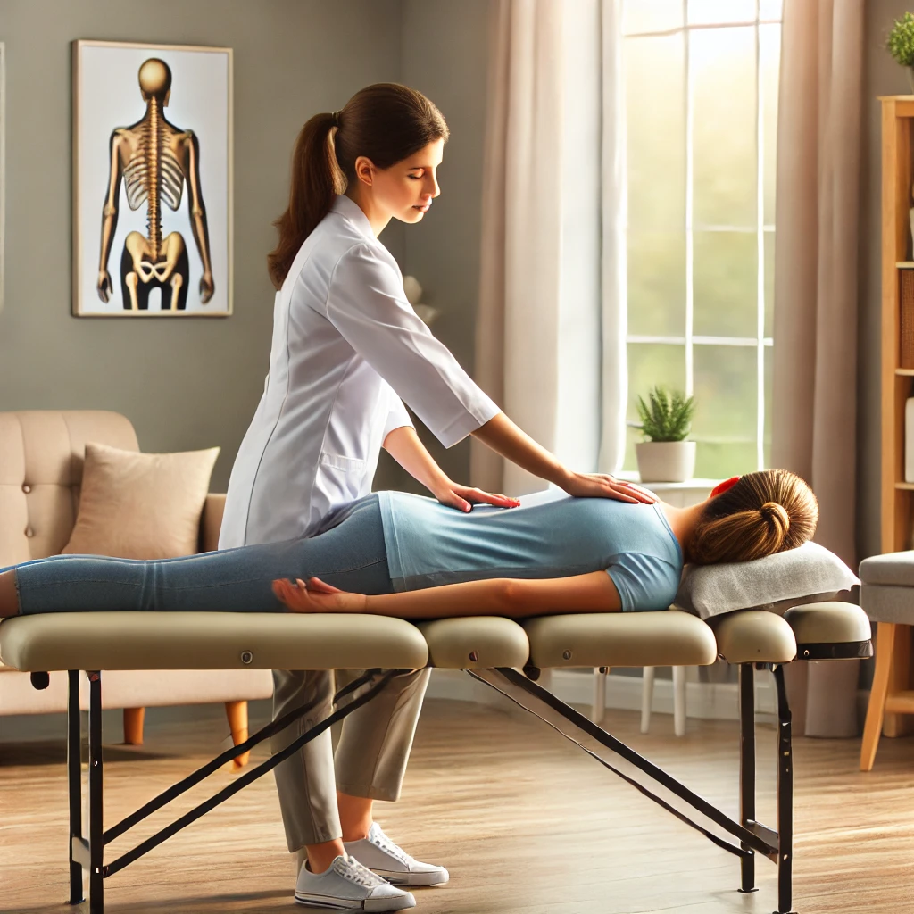 Female chiropractor adjusting a busy mom’s back in a calm, welcoming office environment