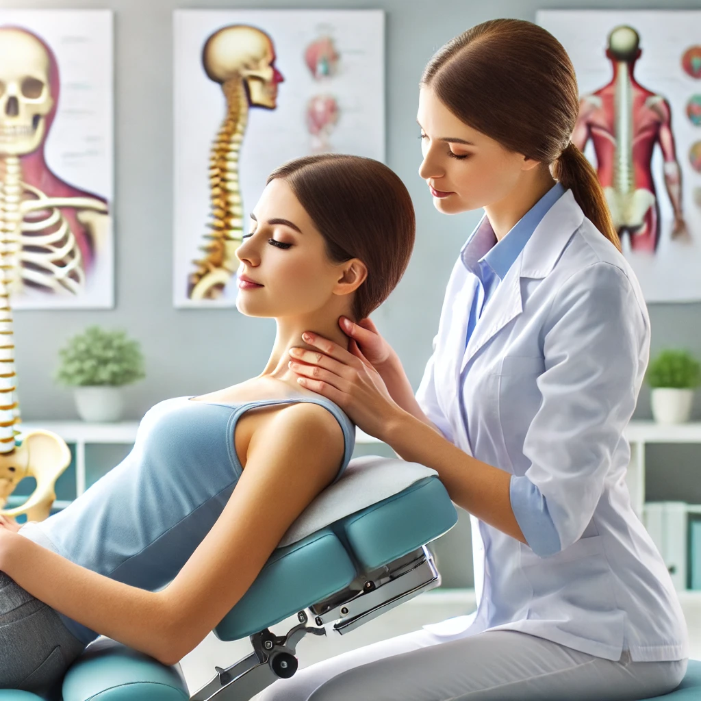 Female chiropractor gently adjusting a woman’s neck in a bright and welcoming office with anatomy charts in the background