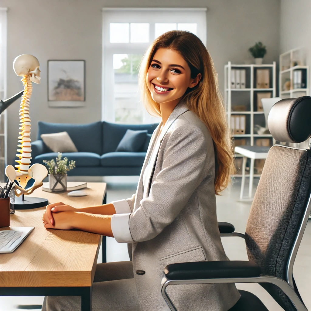 Woman sitting at her desk, looking relieved and relaxed after a chiropractic visit