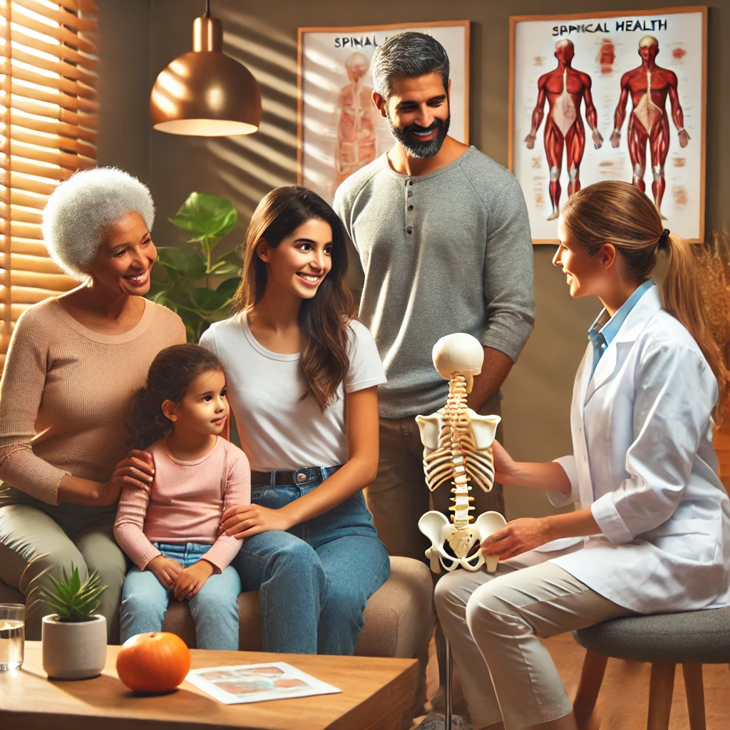 A warm family chiropractic clinic with a culturally diverse family of four (mother, father, child, and grandparent from different ethnic backgrounds) engaging with a female chiropractor demonstrating spinal health using a model. The setting is modern, well-lit, and inviting, with health-related decor and a comfortable atmosphere